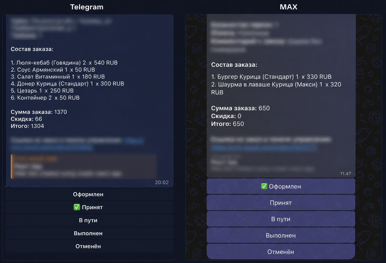 Кнопки изменения статуса заказа в Telegram и MAX